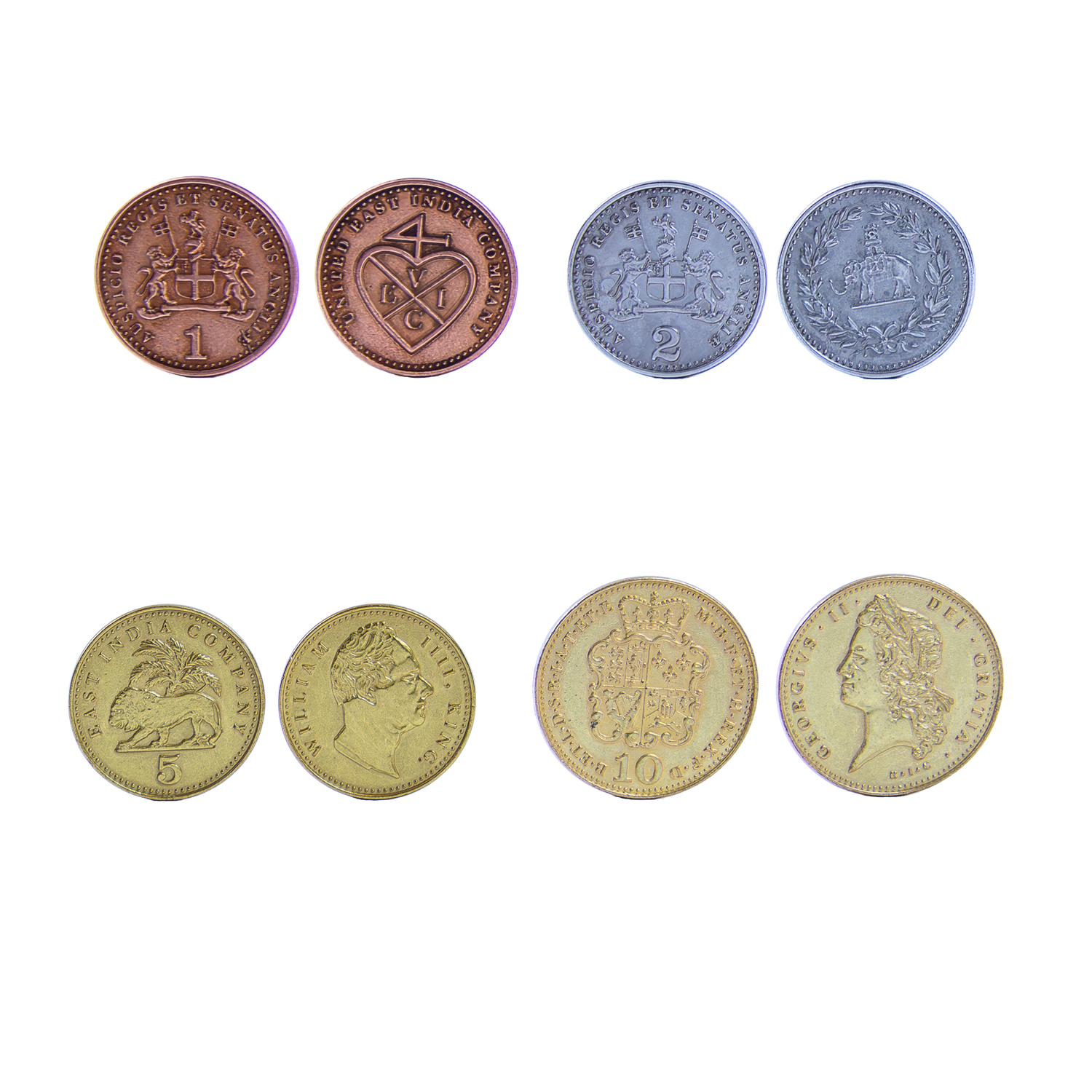 An assortment of metal coins in 4 different denominations, with intricate designs on them.