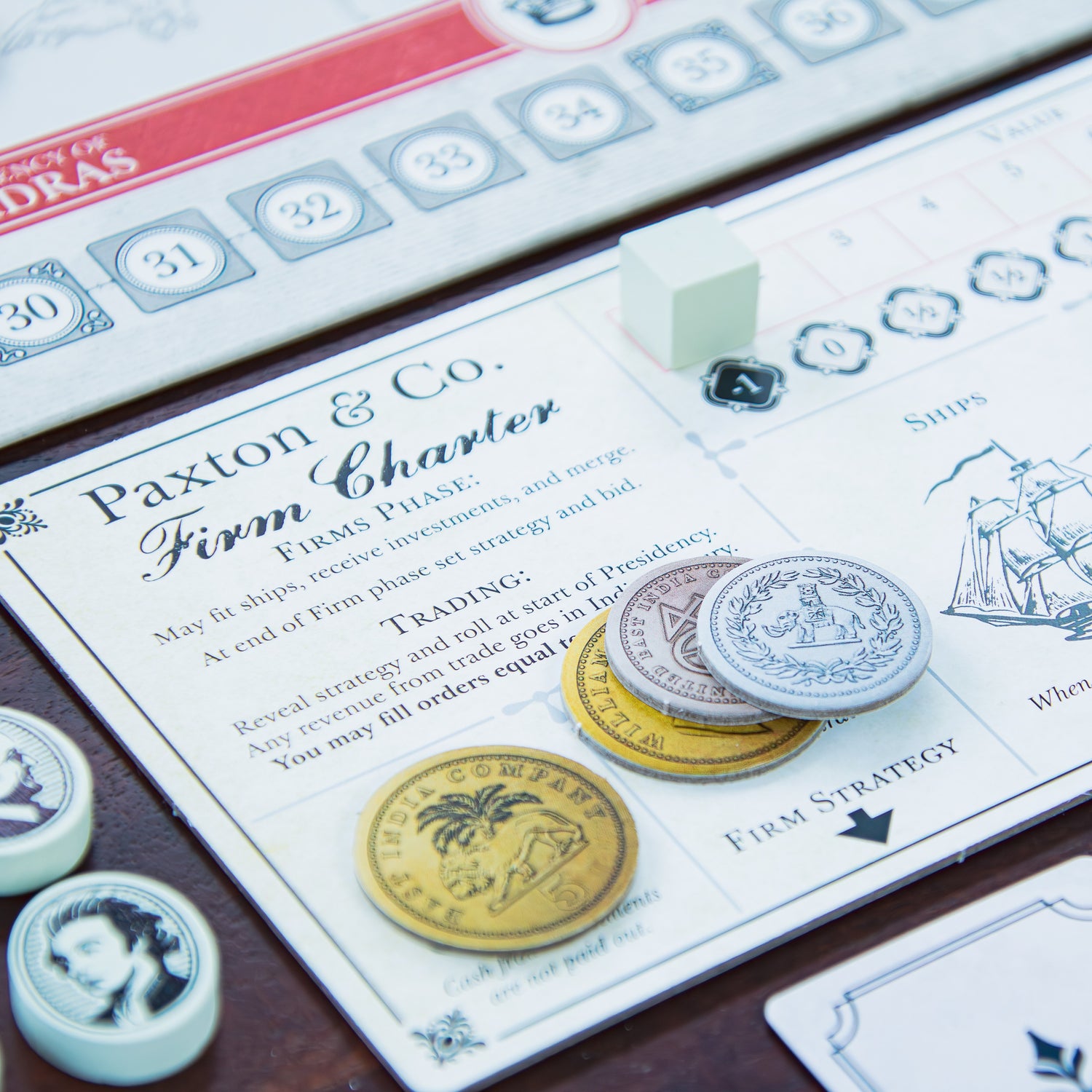 Punchboard coins of British India on the Paxton & Co.'s firm charter.