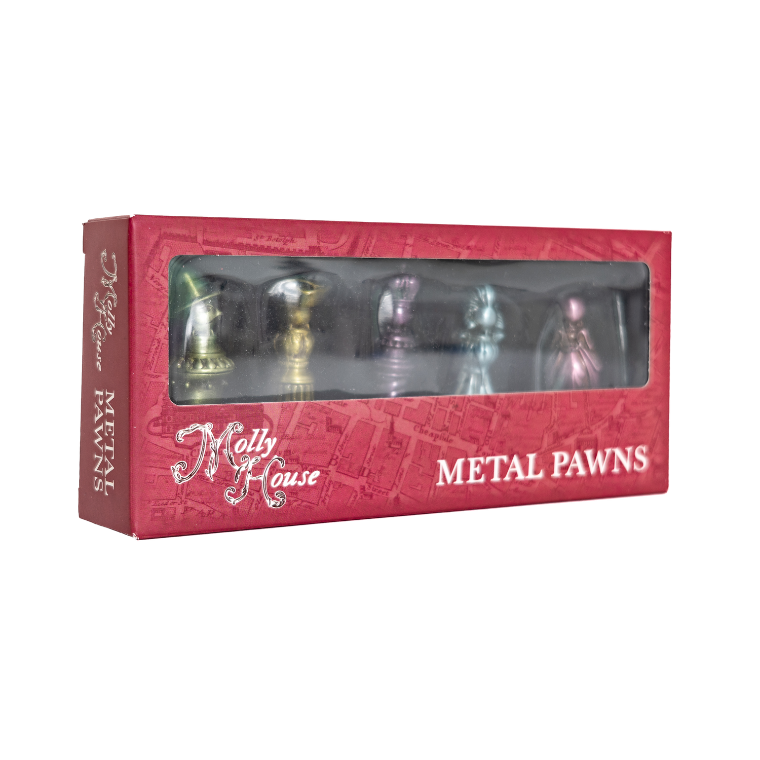 A box of Molly House Metal Pawns featuring five unique metal player pawns with a felted base.