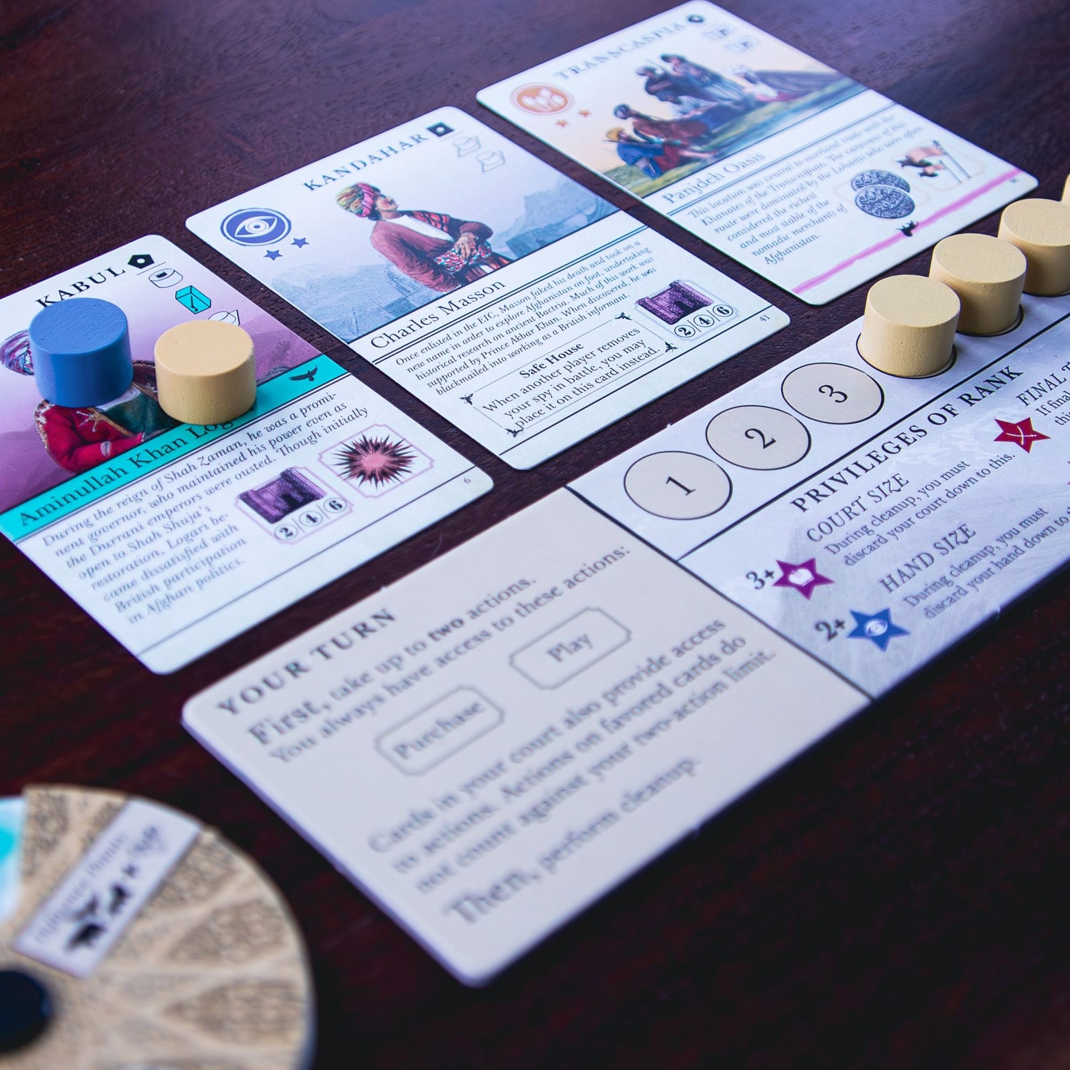 Player tableaux in Pax Pamir. 2 opposing spys on a court card linger.