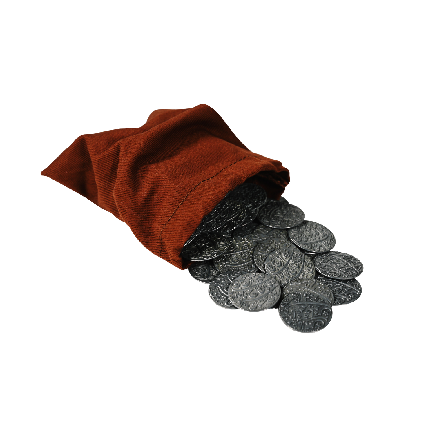 A cloth bag spilling out silver metal coins used for Pax Pamir