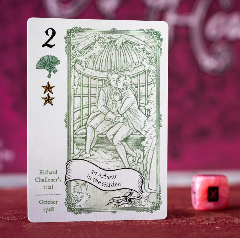 A vice card in Molly House, featuring stencil illustration from Rachel Ford