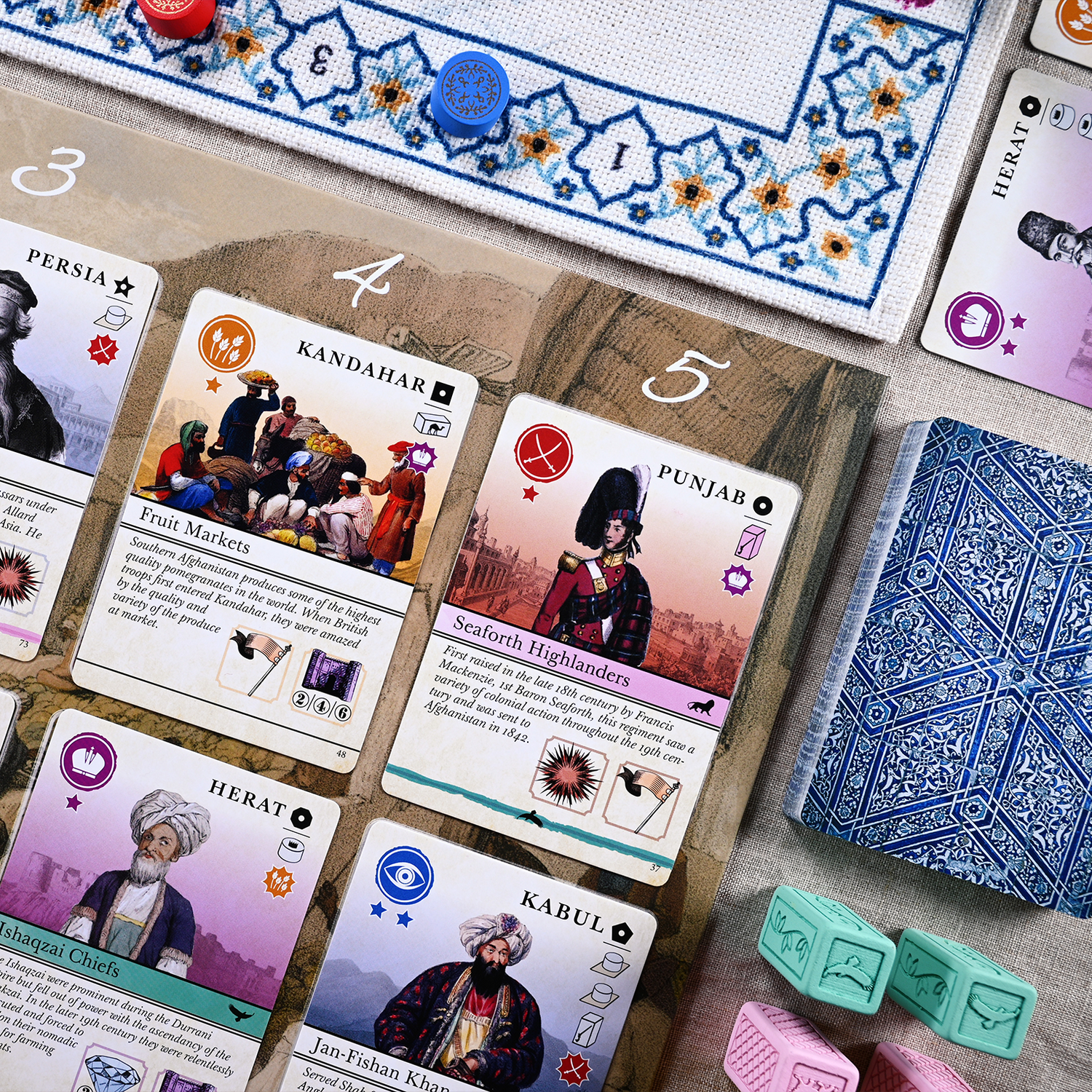 Pax Pamir court cards showcasing different patriots with unique combinations of actions.